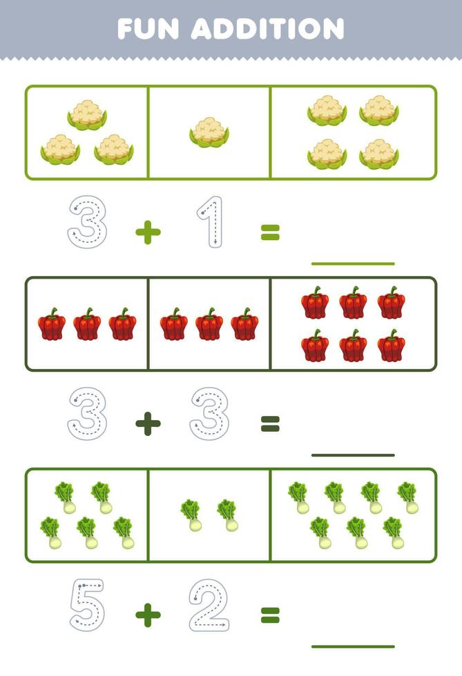 Education game for children fun addition by counting and tracing the number of cute cartoon cauliflower paprika lettuce printable vegetable worksheet vector