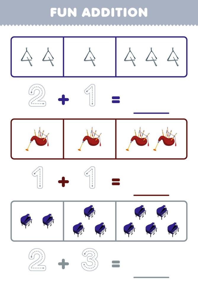 Education game for children fun addition by counting and tracing the number of cartoon triangle bagpipes piano printable music instrument worksheet vector