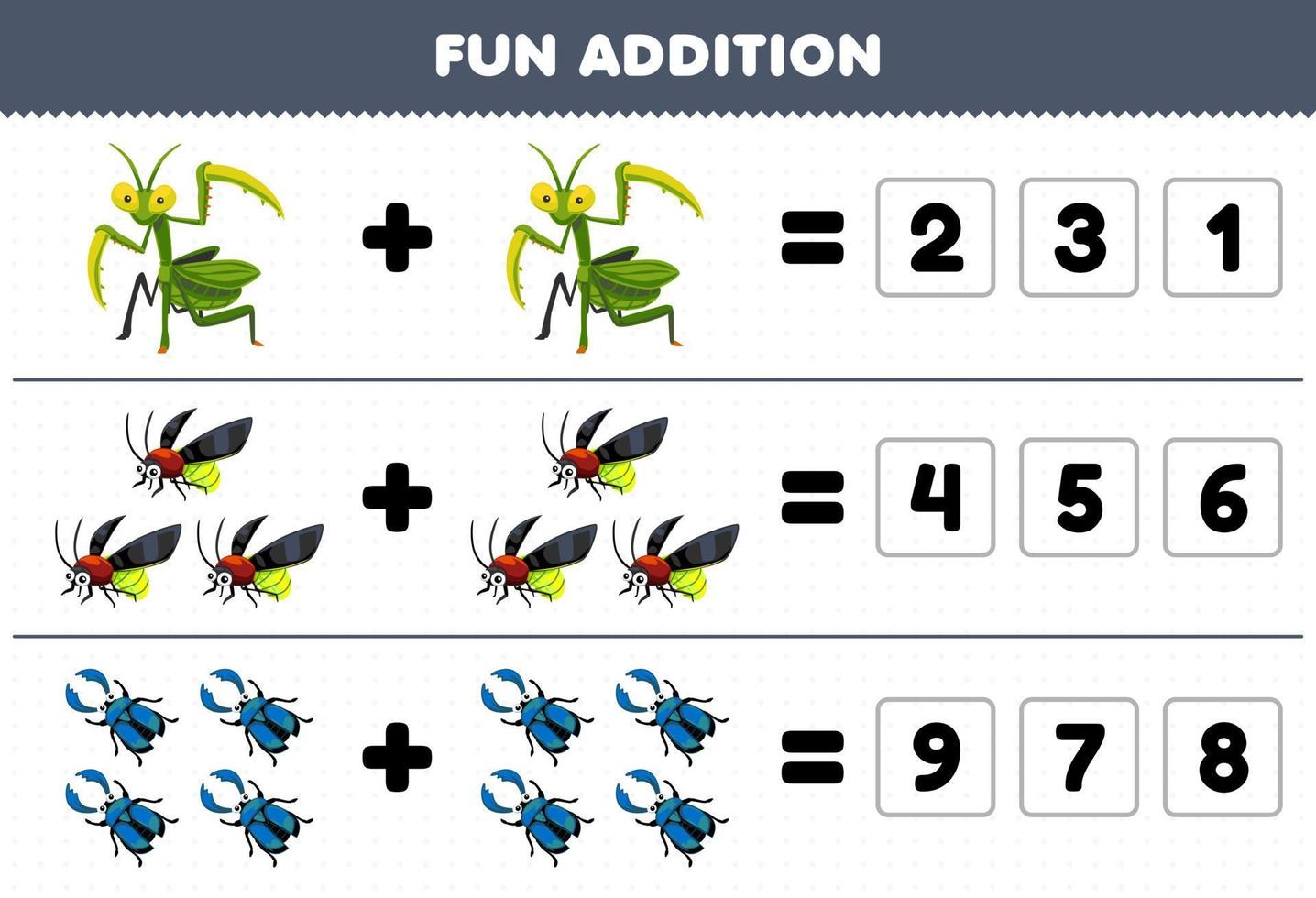 Education game for children fun addition by guess the correct number of cute cartoon mantis firefly beetle printable bug worksheet vector