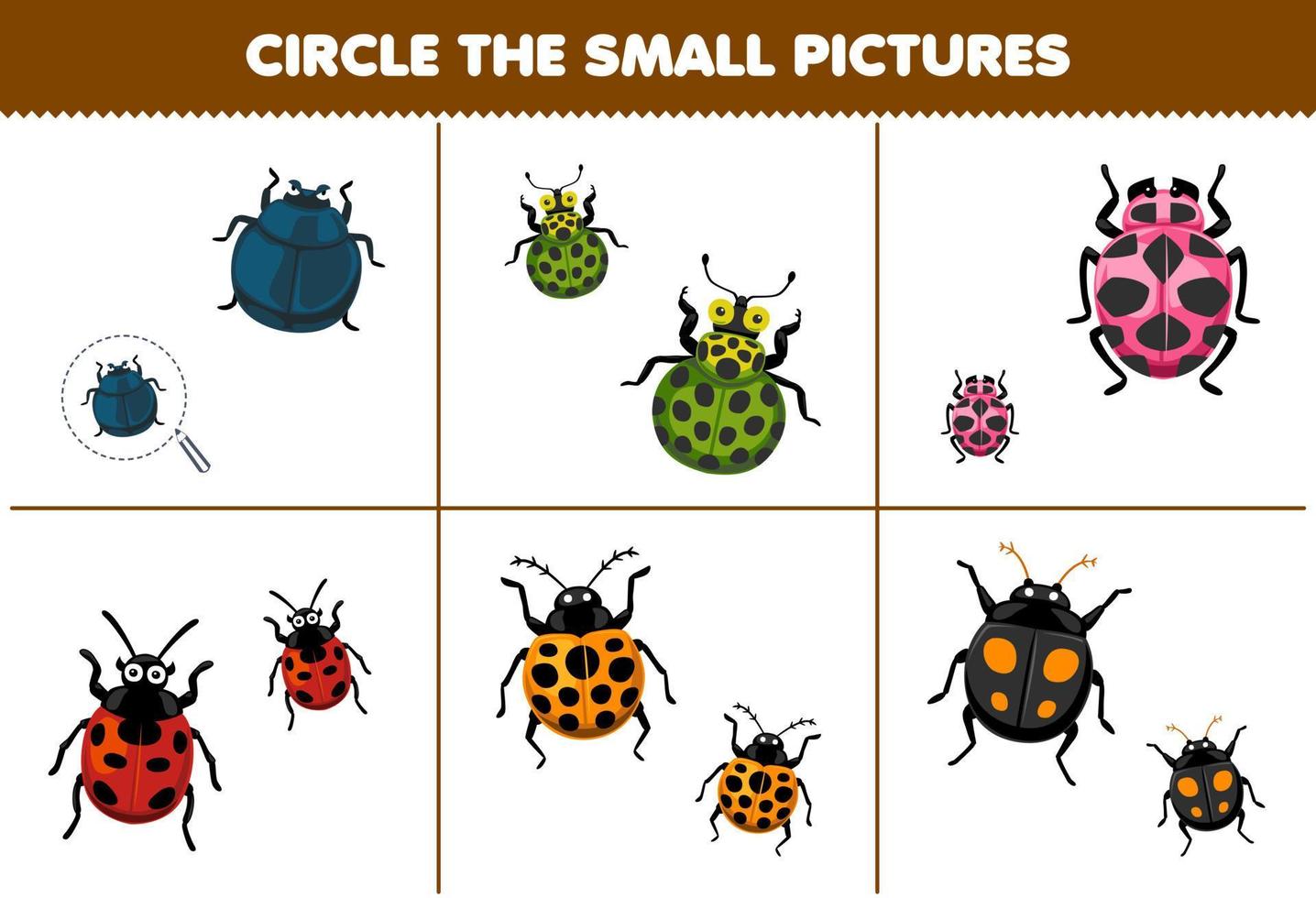 Education game for children choose the small picture of cute cartoon ladybug printable bug worksheet vector