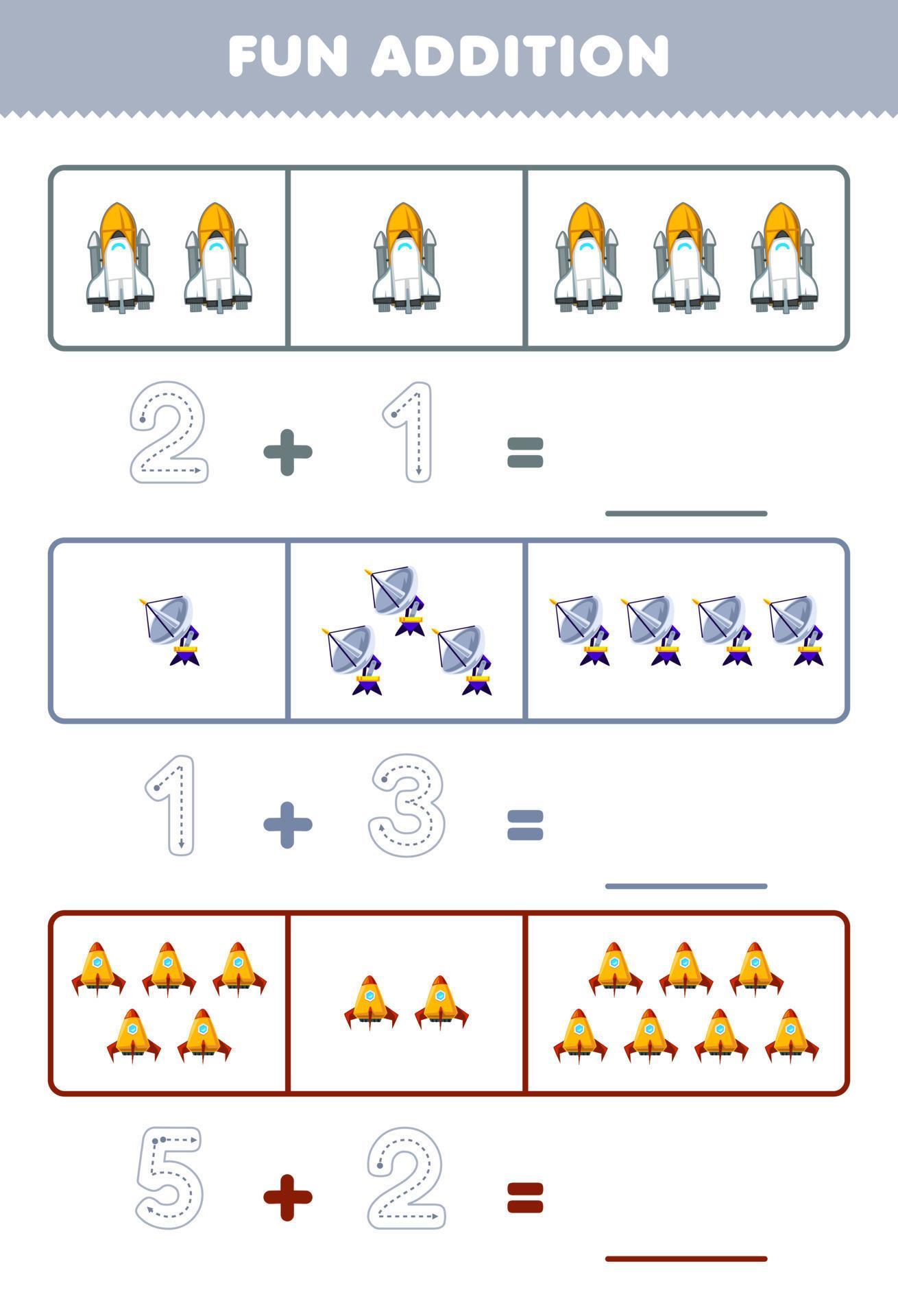Education game for children fun addition by counting and tracing the