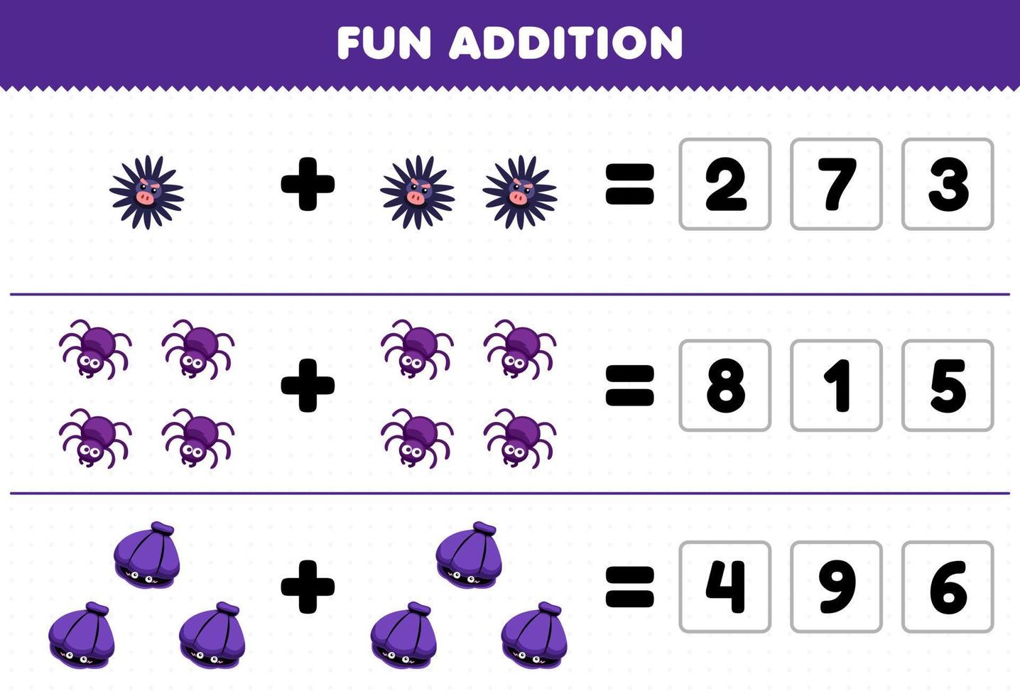 Education game for children fun addition by guess the correct number of cute cartoon urchin spider shell printable animal worksheet vector