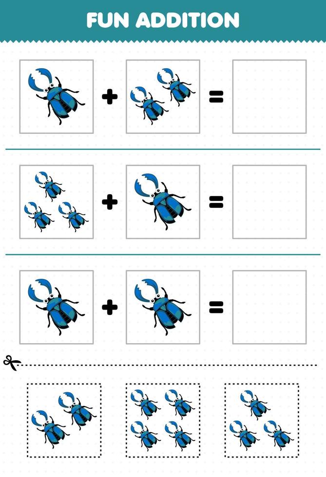 Education game for children fun addition by cut and match of cute cartoon beetle pictures for printable bug worksheet vector