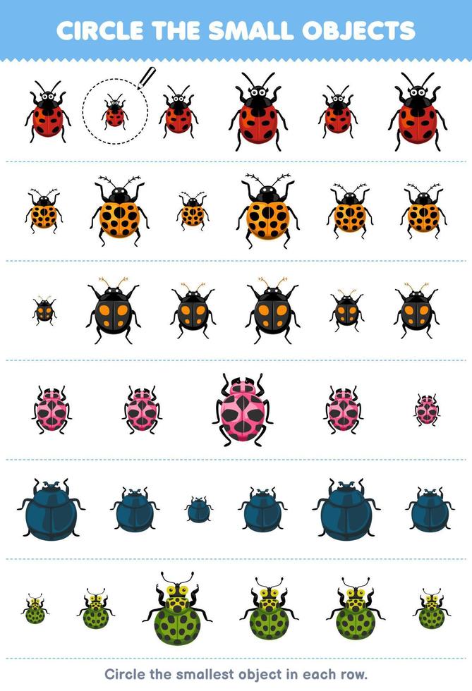 Education game for children circle the smallest object in each row of cute cartoon ladybug printable bug worksheet vector