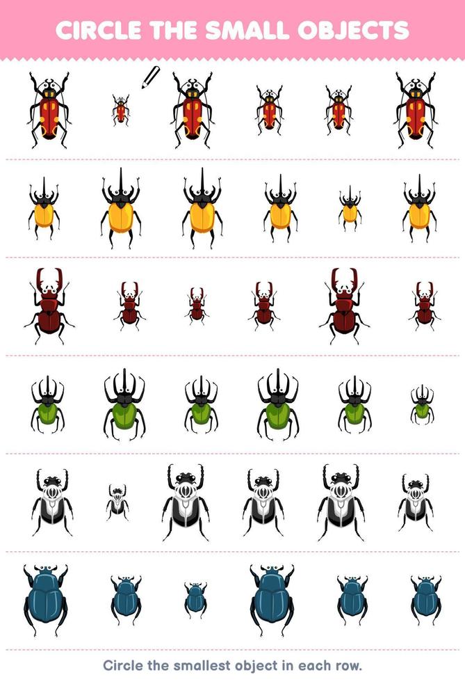 juego educativo para niños encierra en un círculo el objeto más pequeño en cada fila de la hoja de trabajo de error imprimible del escarabajo de dibujos animados lindo vector