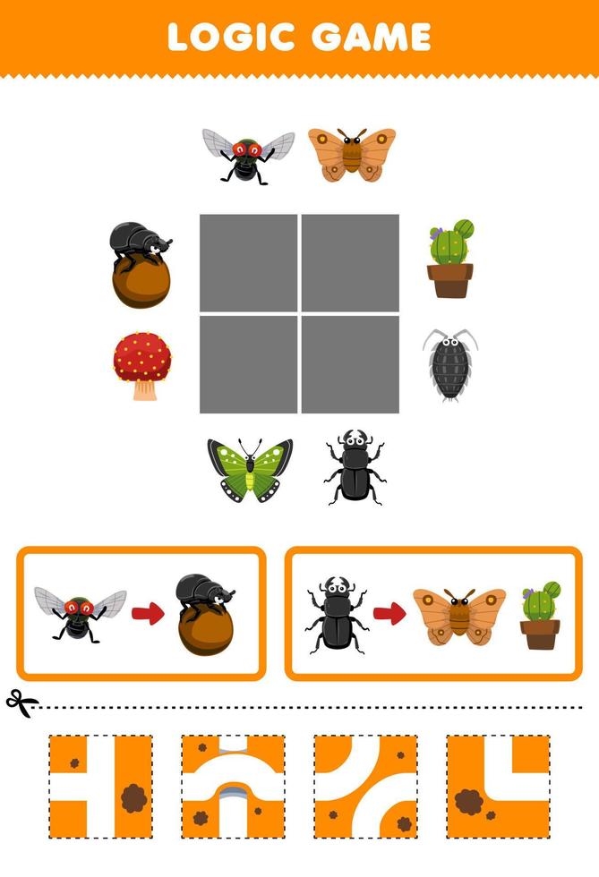 Education game for children logic puzzle build the road for fly move to beetle and moth printable bug worksheet vector