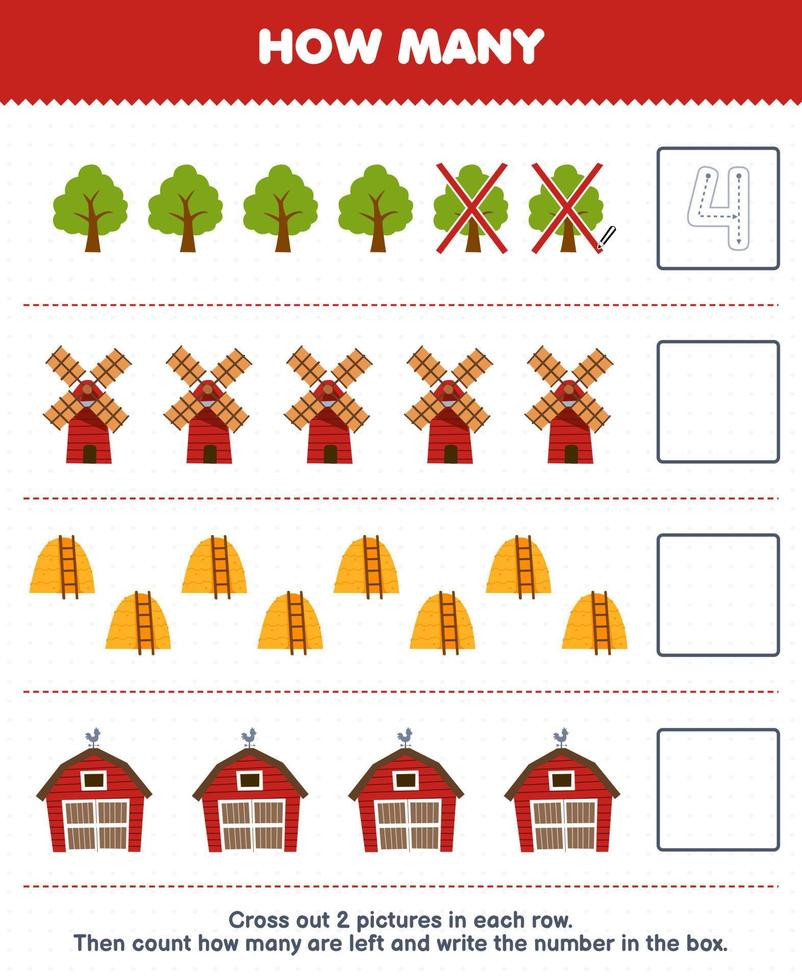 Education game for children count how many cute cartoon tree windmill haystack barn and write the number in the box printable farm worksheet vector