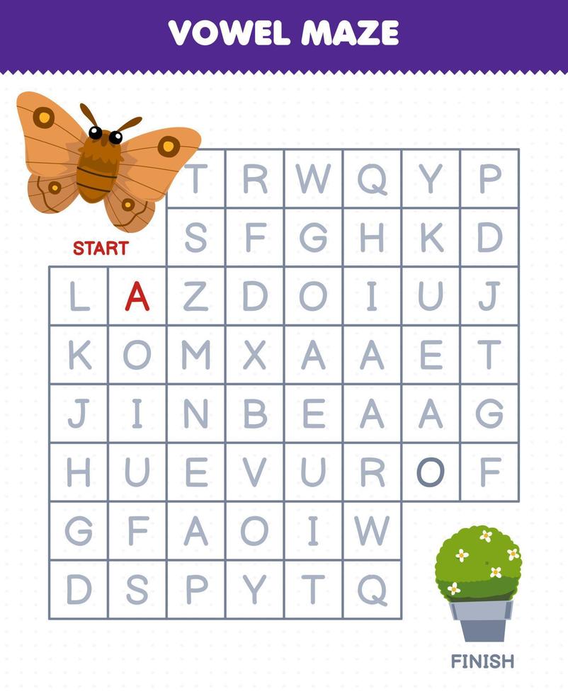 Education game for children vowel maze help cute cartoon moth move to plant pot printable bug worksheet vector