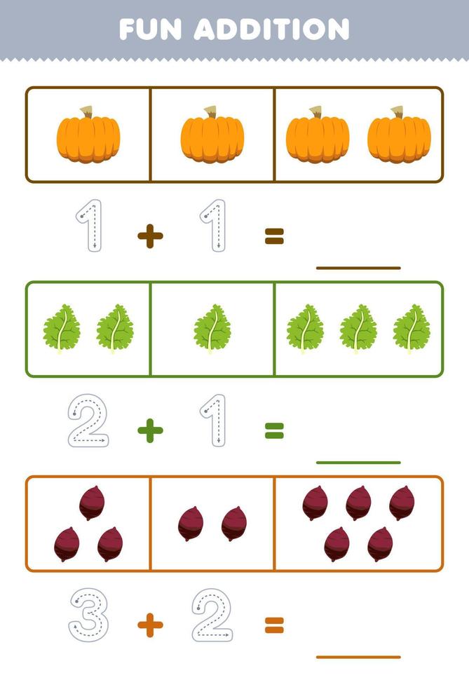 Education game for children fun addition by counting and tracing the number of cute cartoon pumpkin kale yam printable vegetable worksheet vector