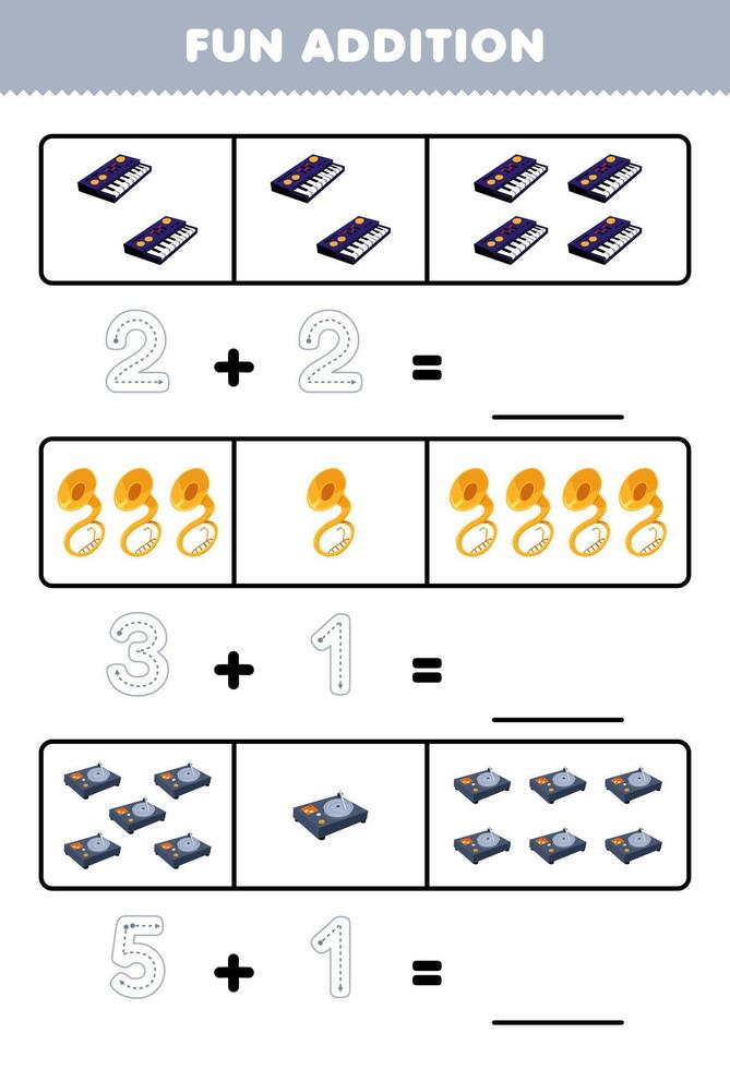 Education game for children fun addition by counting and tracing the number of cartoon sousaphone synthesizer turntable printable music instrument worksheet vector