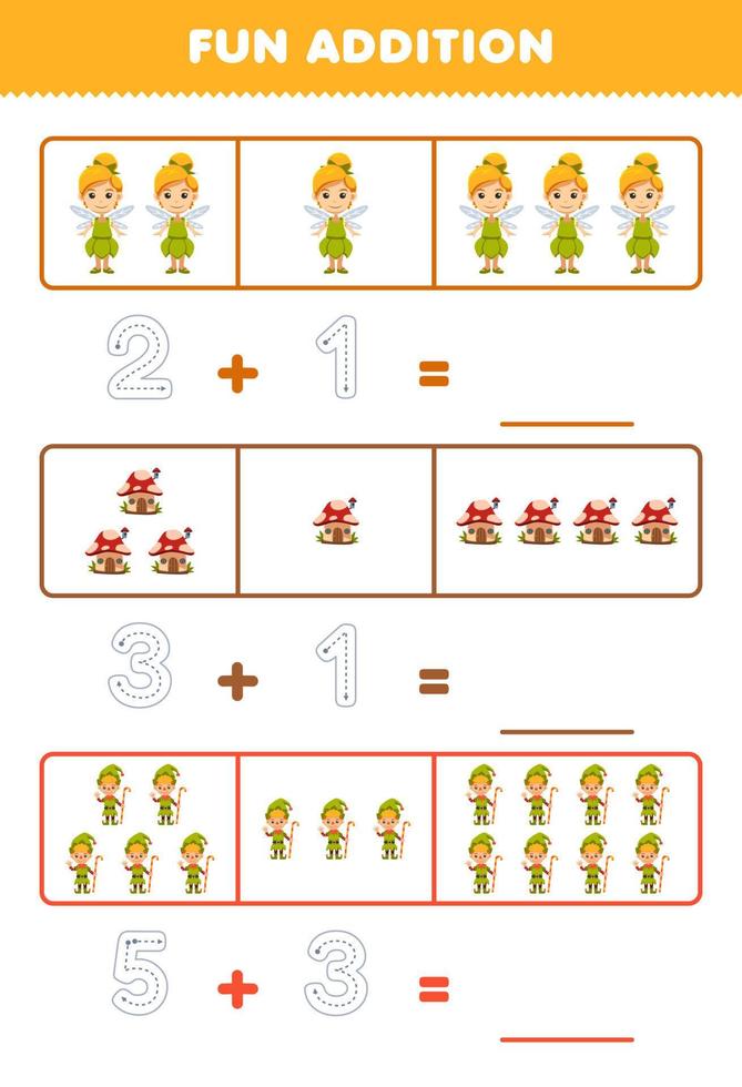 Education game for children fun addition by counting and tracing the number of cute cartoon fairy mushroom house dwarf printable halloween worksheet vector