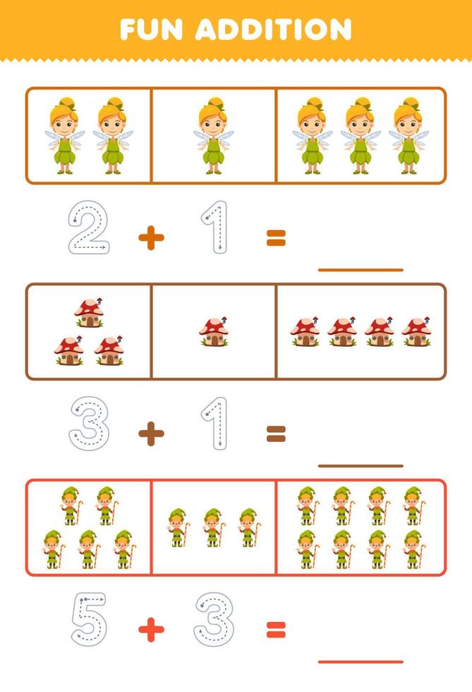 Education game for children fun addition by counting and tracing the number of cute cartoon fairy mushroom house dwarf printable halloween worksheet vector