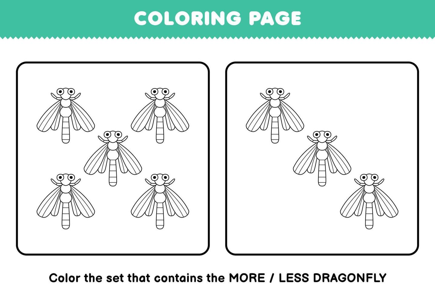 Education game for children coloring page more or less picture of cute cartoon dragonfly line art set printable bug worksheet vector