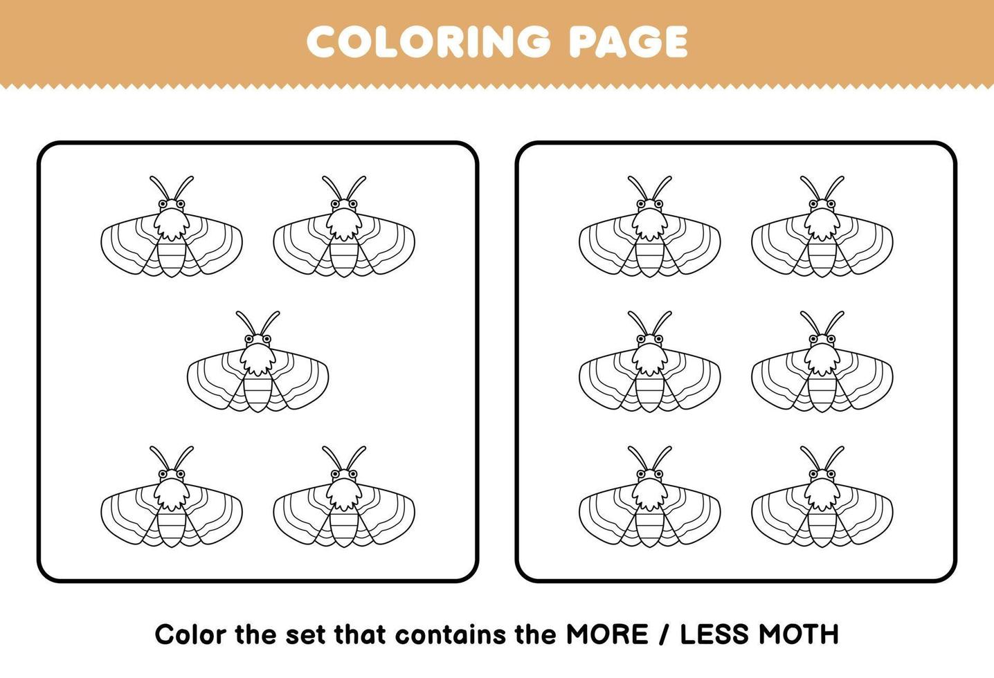 Education game for children coloring page more or less picture of cute cartoon moth line art set printable bug worksheet vector