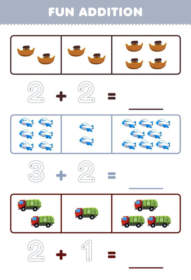 Education game for children fun addition by counting and tracing the number of cute cartoon ark plane garbage truck printable transportation worksheet vector