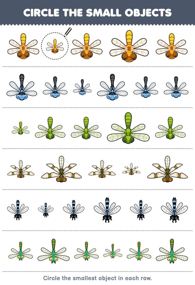 juego educativo para niños encierra en un círculo el objeto más pequeño en cada fila de la linda hoja de trabajo imprimible de error de libélula de dibujos animados vector