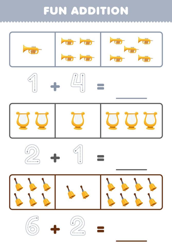 Education game for children fun addition by counting and tracing the number of cartoon trumpet lyre bell printable music instrument worksheet vector