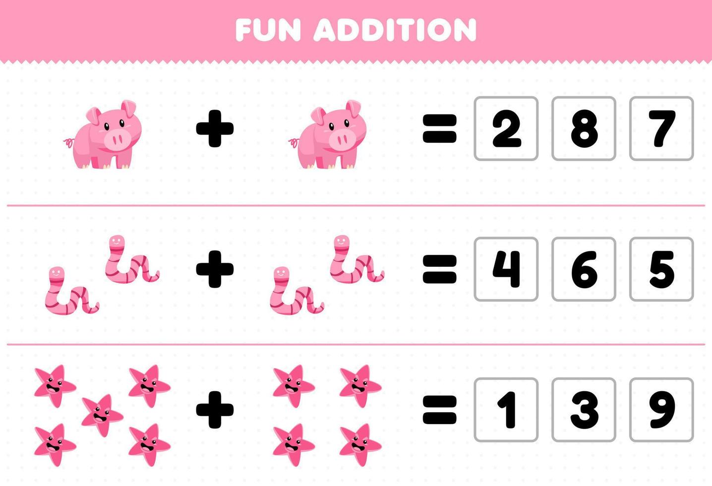 Education game for children fun addition by guess the correct number of cute cartoon pig worm starfish printable animal worksheet vector