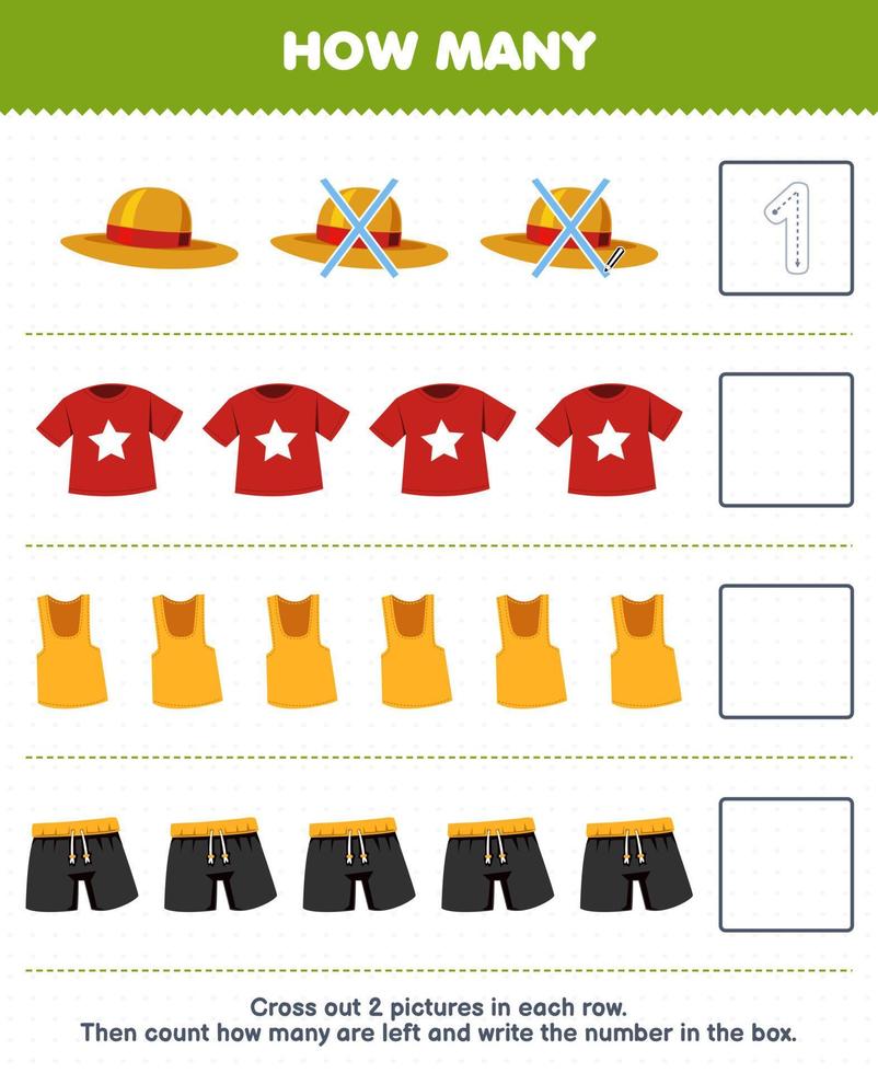 Education game for children count how many cute cartoon hat t shirt singlet pant and write the number in the box printable wearable clothes worksheet vector