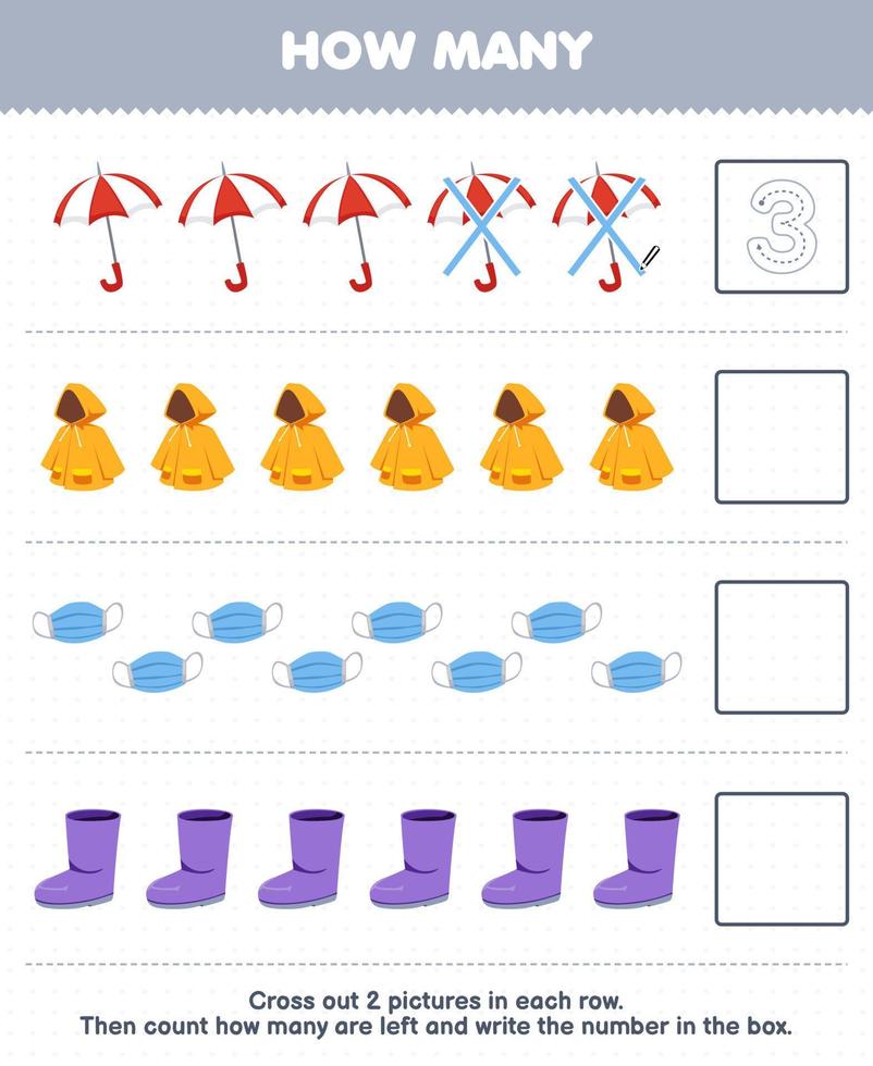 Education game for children count how many cute cartoon umbrella raincoat masker boot and write the number in the box printable wearable clothes worksheet vector