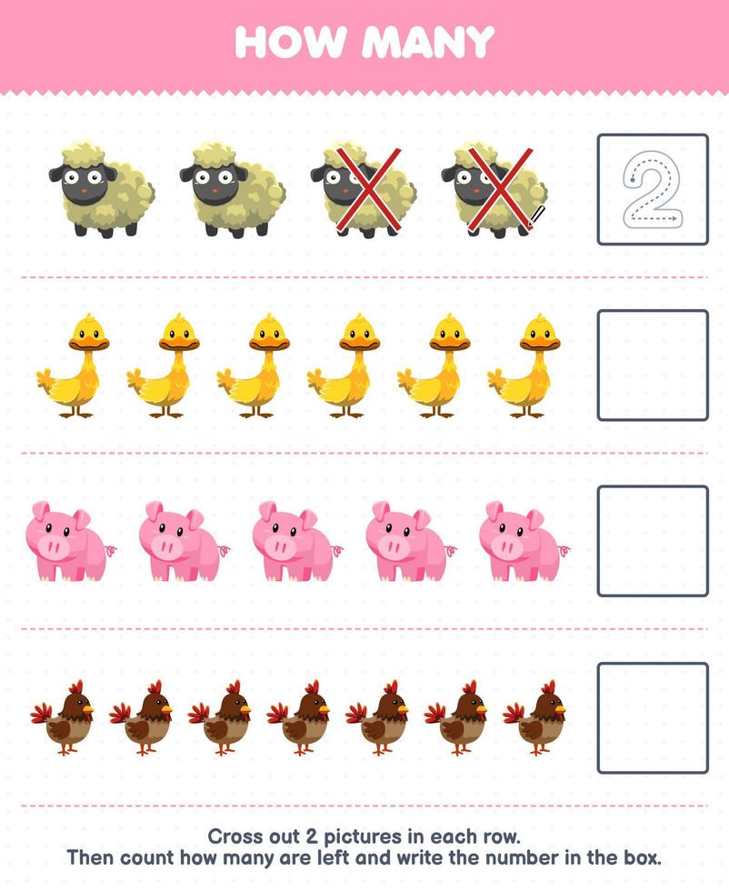 Education game for children count how many cute cartoon sheep duck pig chicken and write the number in the box printable animal worksheet vector