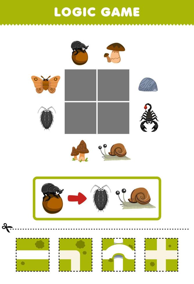 juego educativo para niños rompecabezas de lógica construye el camino para que el escarabajo se mueva hacia el piojo y el caracol hoja de trabajo de error imprimible vector