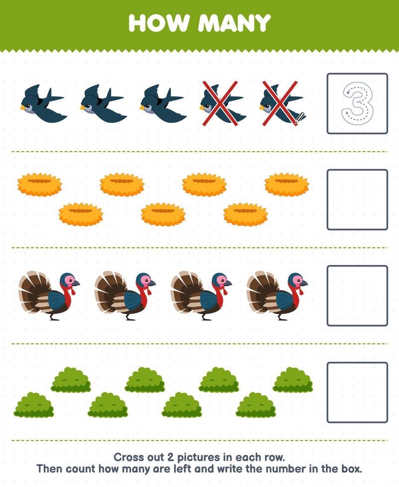 Education game for children count how many cute cartoon bird nest turkey bush and write the number in the box printable farm worksheet vector