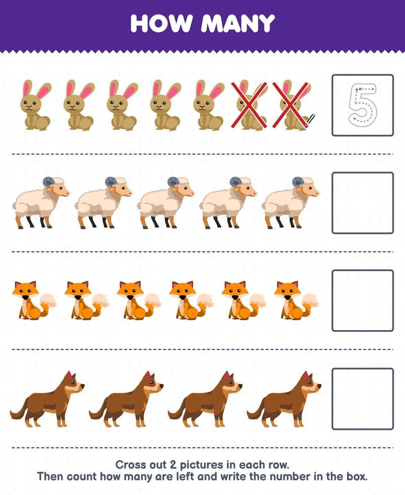 Education game for children count how many cute cartoon rabbit sheep fox dog and write the number in the box printable farm worksheet vector