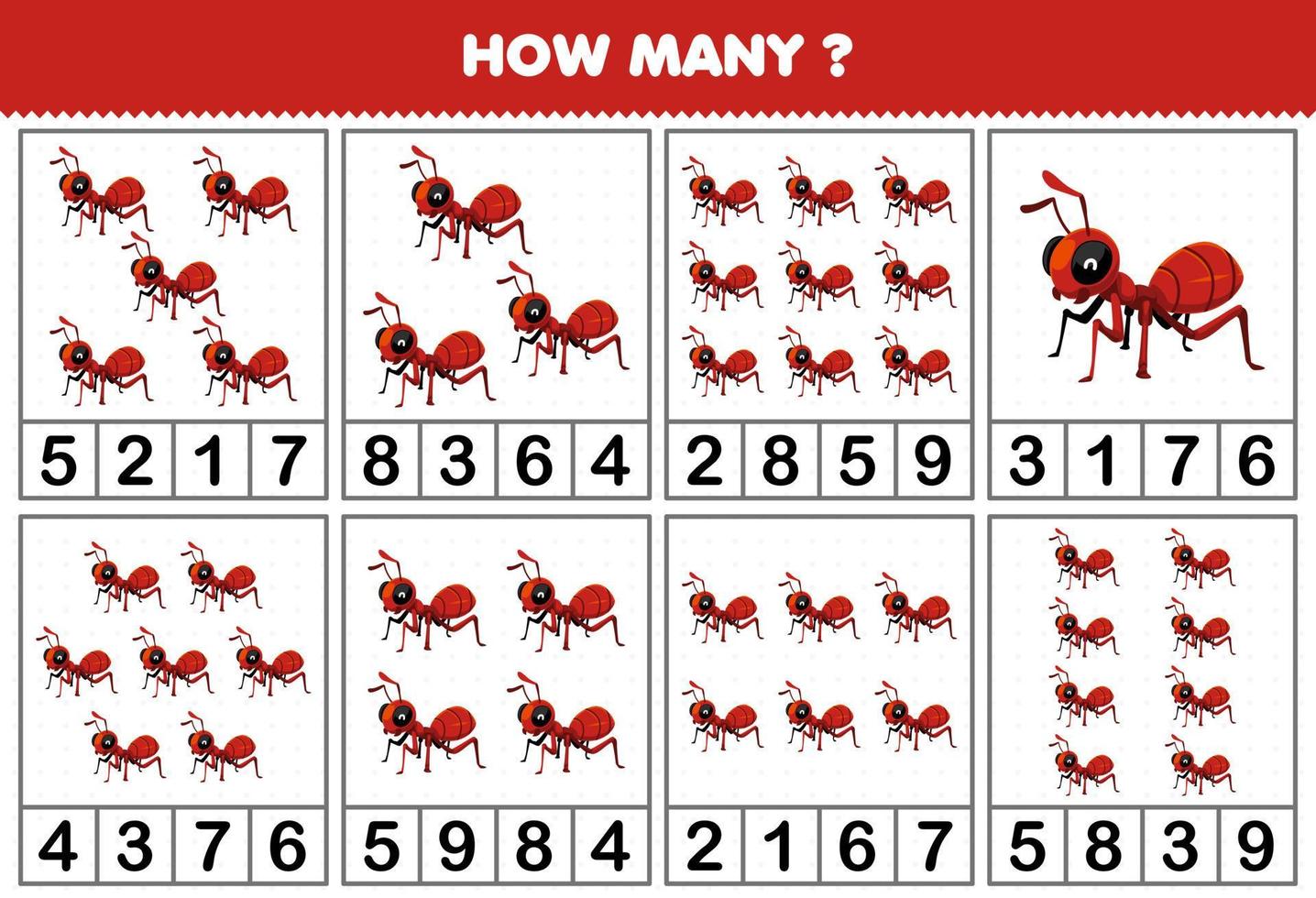 Education game for children counting how many cute cartoon ant in each table printable bug worksheet vector