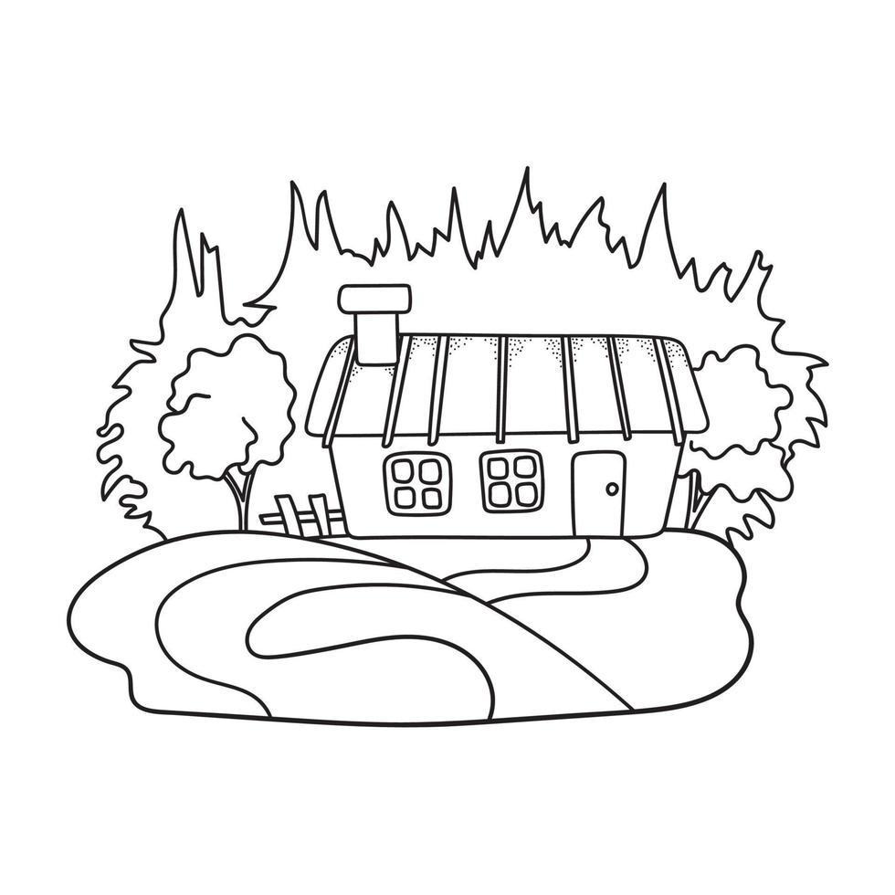 Cute landscape with village house on hill and forest. Building in