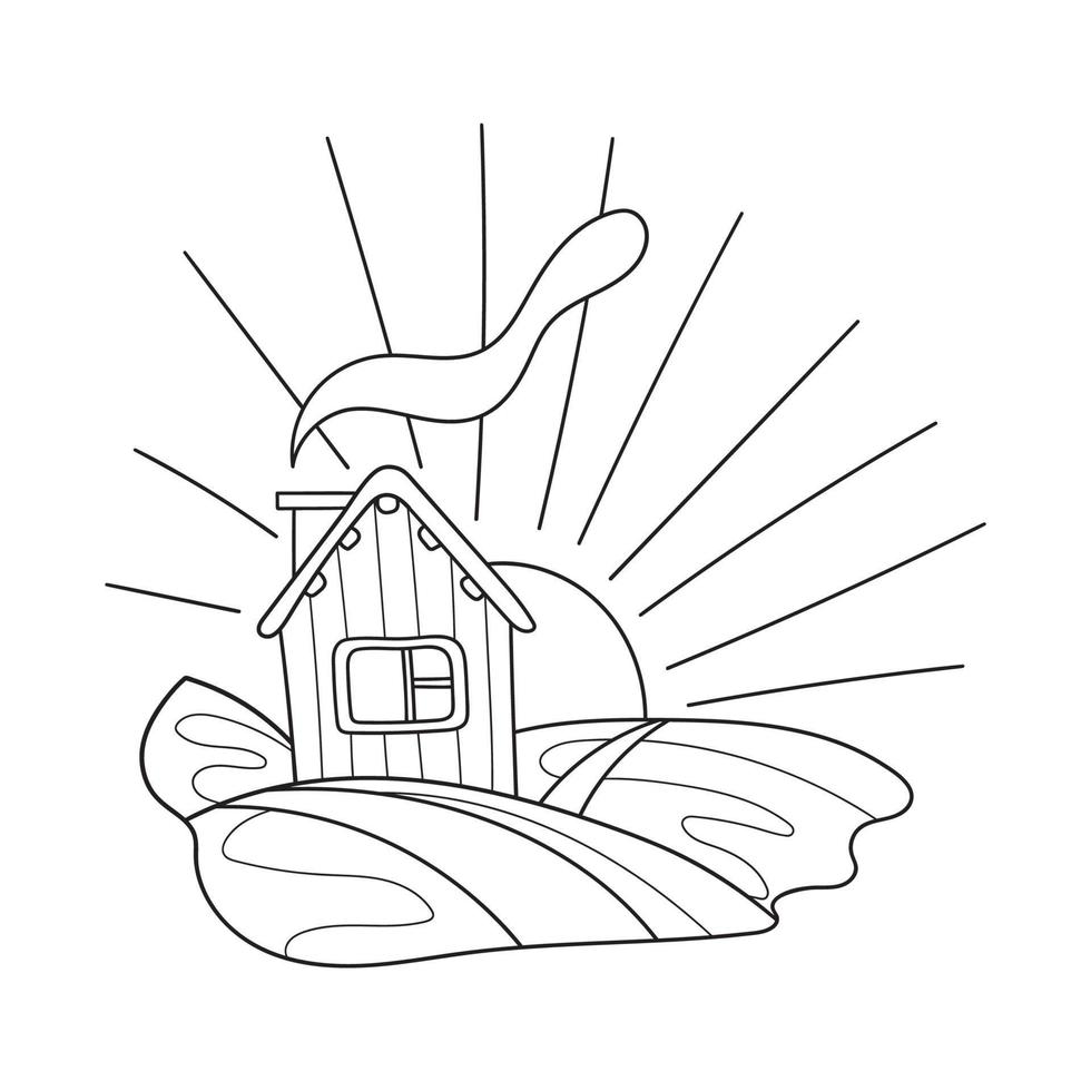 Cute house on hill and sunrise landscape. Building in cartoon style. Line art drawing. Hand drawn vector illustration isolated on white background.