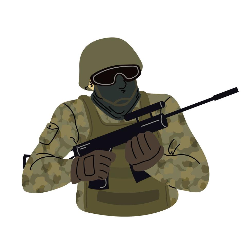 soldado del ejército con uniforme de combate de camuflaje apuntando con un arma. retrato en estilo de dibujos animados plana. ilustración vectorial aislado sobre fondo blanco. vector