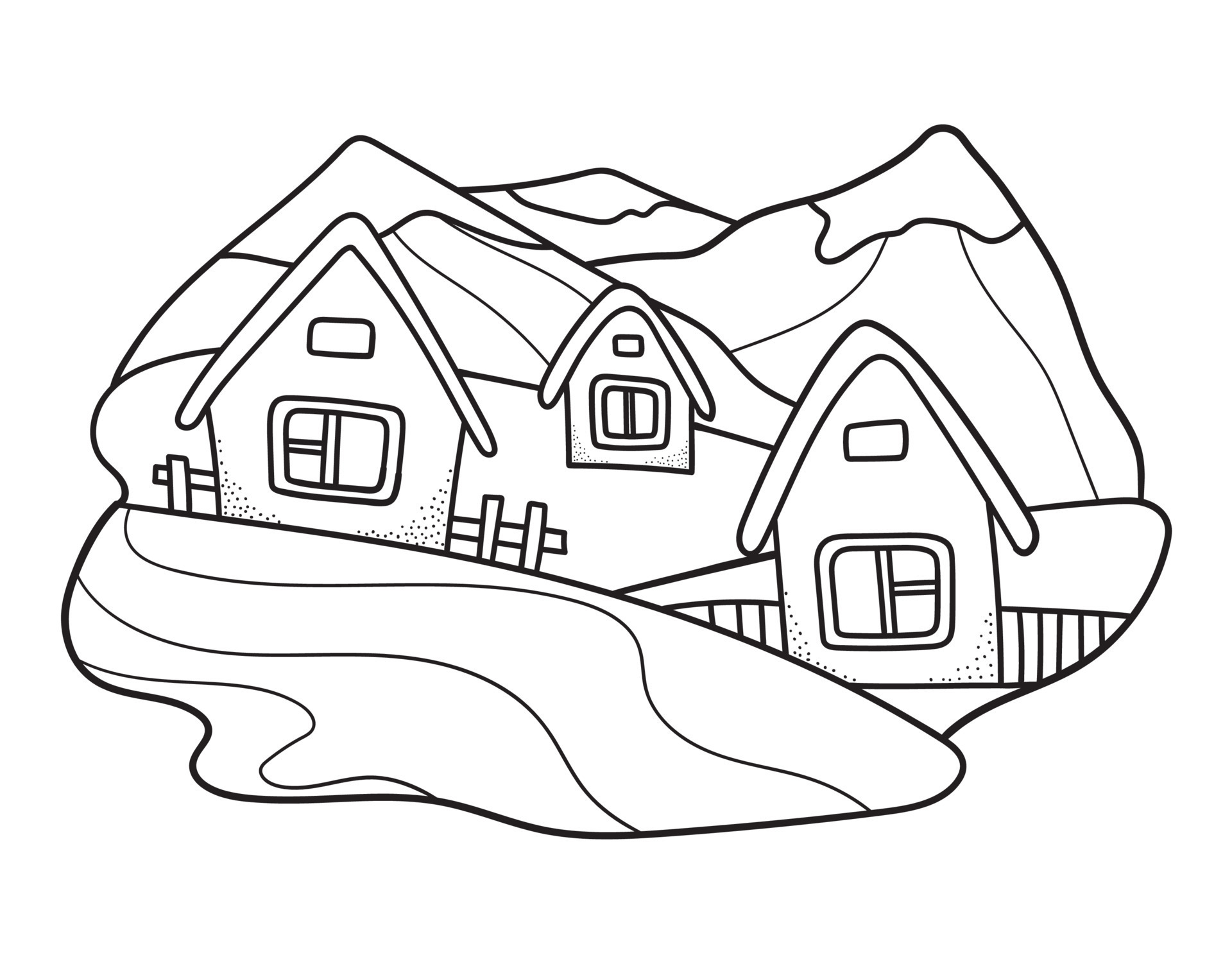 Landscape with village houses on hills and mountains. Building in