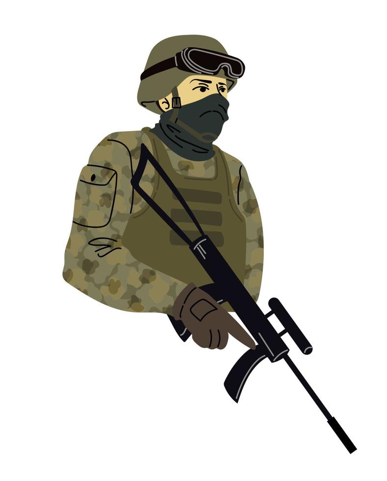 soldado del ejército con uniforme de combate de camuflaje con pistola y máscara en la cara. retrato en estilo de dibujos animados plana. ilustración vectorial aislado sobre fondo blanco. vector