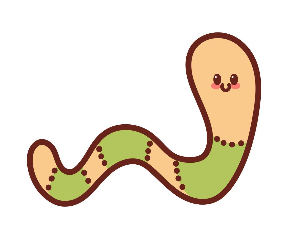 Cute smiling worm in cartoon style. Kawaii character drawing. Little earthworm isolated vector illustration on white background.
