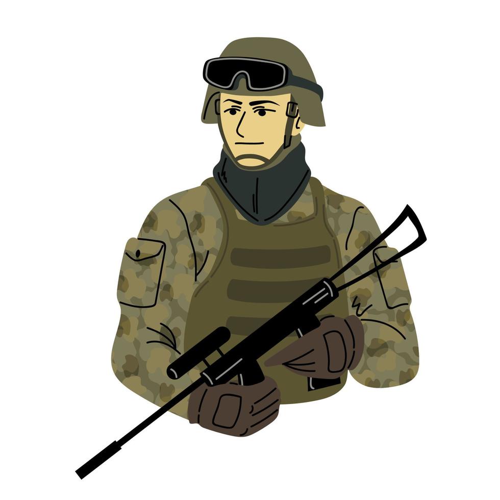 Army soldier in camouflage combat uniform with gun. Flat cartoon style. Vector illustration isolated on white background.