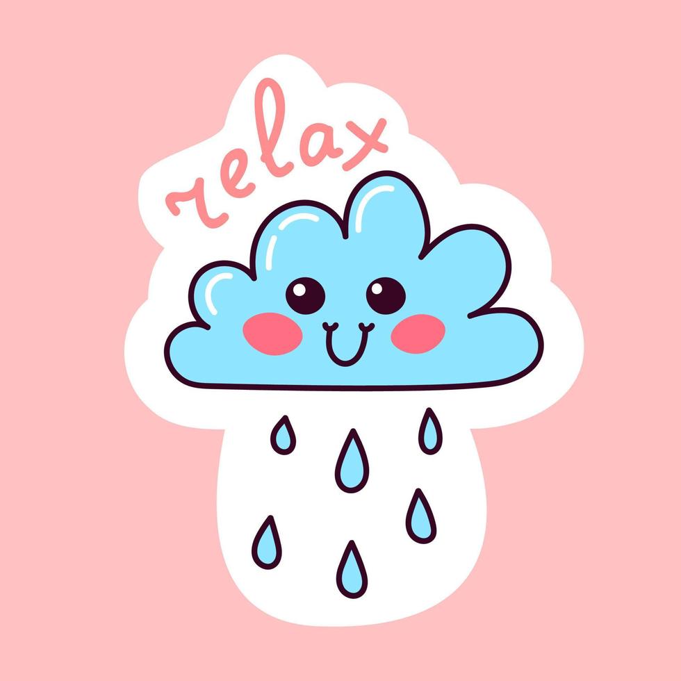 Kawaii cloud sticker. Cute doodle with text relax. Sticker with white contour for planner, scrapbooking. Hand drawn colorful vector illustration.