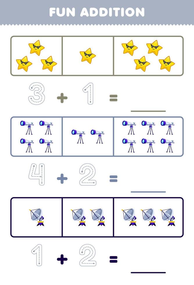 juego educativo para niños divertido además contando y rastreando el número de lindos dibujos animados estrella telescopio radar imprimible hoja de trabajo del sistema solar vector