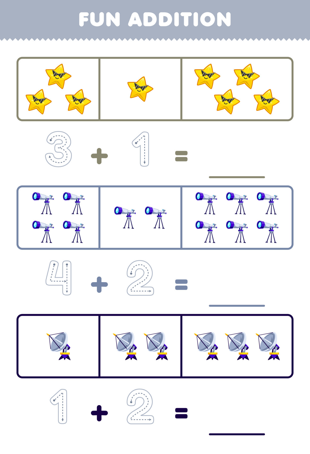 Education game for children fun addition by counting and tracing the