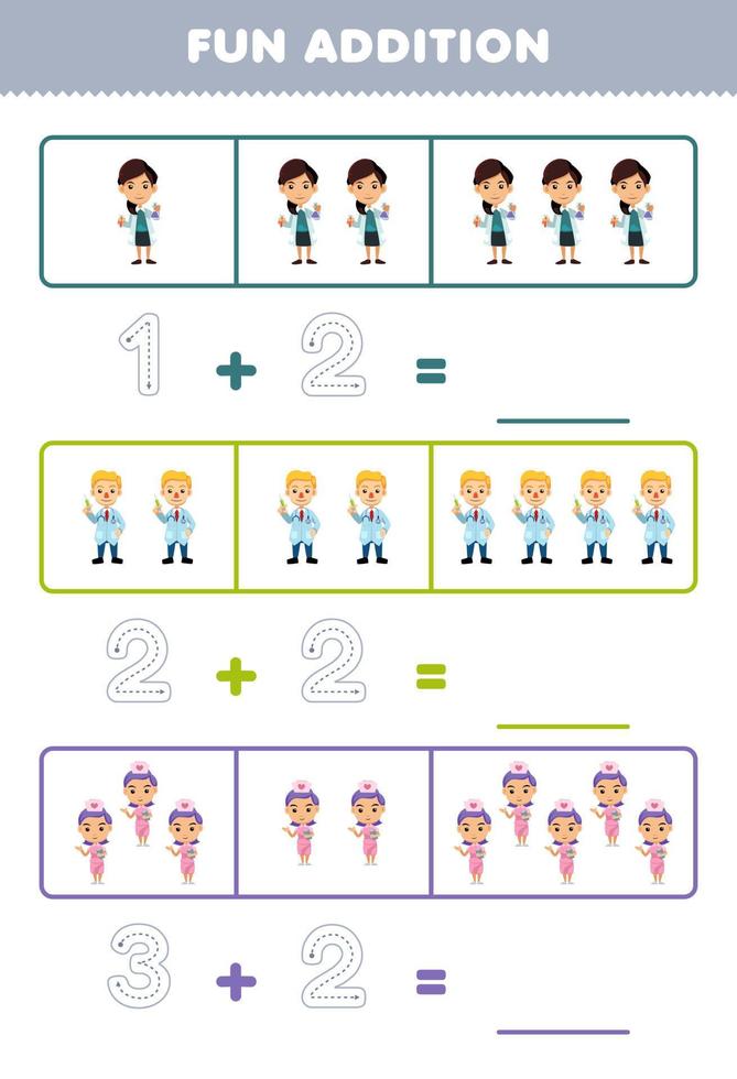 Education game for children fun addition by counting and tracing the number of cute cartoon doctor and nurse printable profession worksheet vector