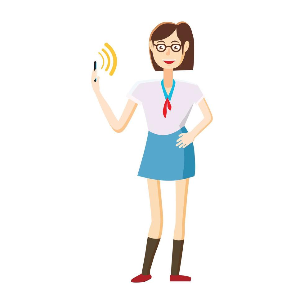 Girl with mobile phone calling icon, cartoon style vector