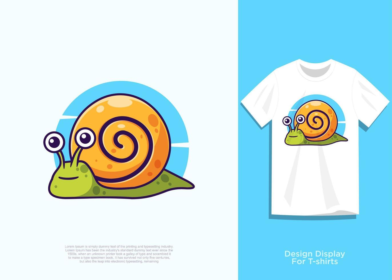 linda ilustración de vector de caracol, diseño de estilo de dibujos animados planos, con vista añadida en la camiseta.