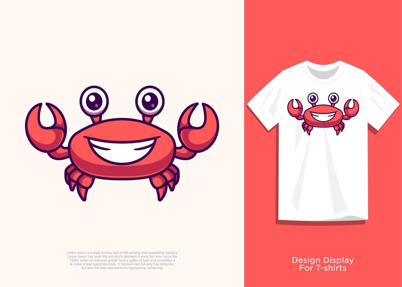 cute crab vector illustration, flat cartoon style design, with added look on t-shirt.