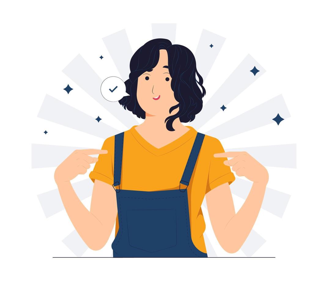 Brave confident smiling girl pointing herself with fingers proud and happy, confidence, high self esteem concept illustration vector