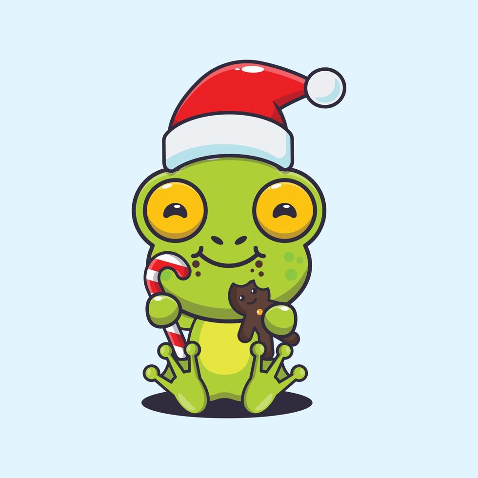 linda rana comiendo galletas y dulces de navidad. linda ilustración de dibujos animados de navidad. vector