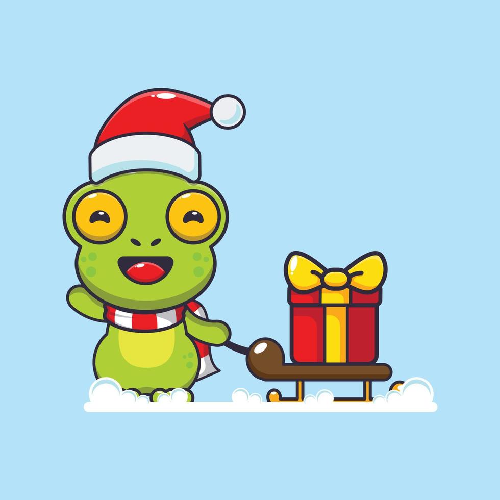 linda rana con caja de regalo de navidad. linda ilustración de dibujos animados de navidad. vector