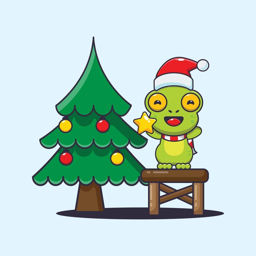 Cute frog  taking star from christmas tree. Cute christmas cartoon illustration. vector