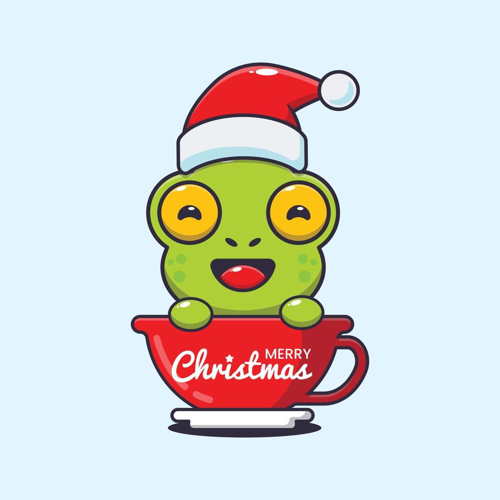 Cute frog wearing santa hat in cup. Cute christmas cartoon illustration. vector