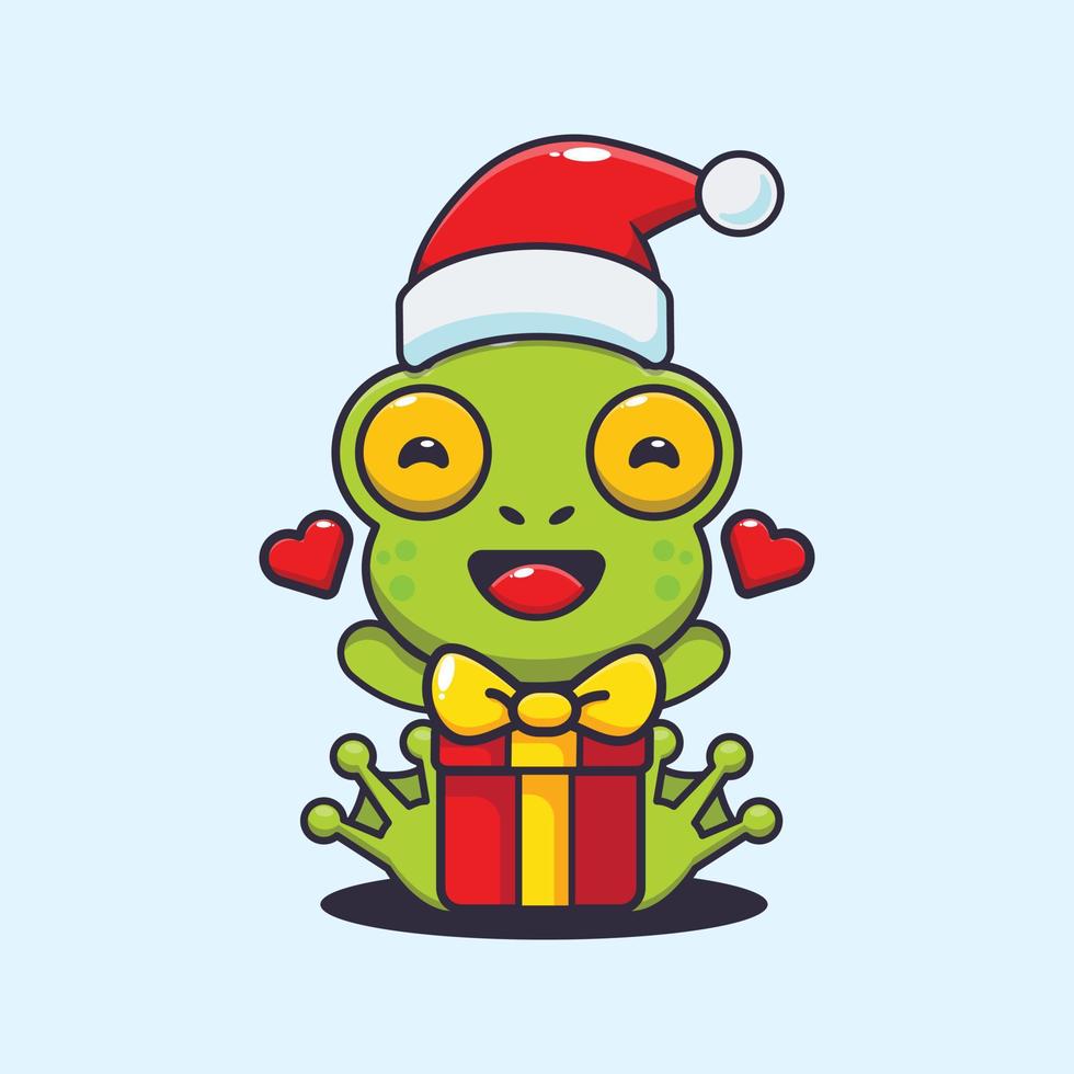 linda rana feliz con regalo de navidad. linda ilustración de dibujos animados de navidad. vector