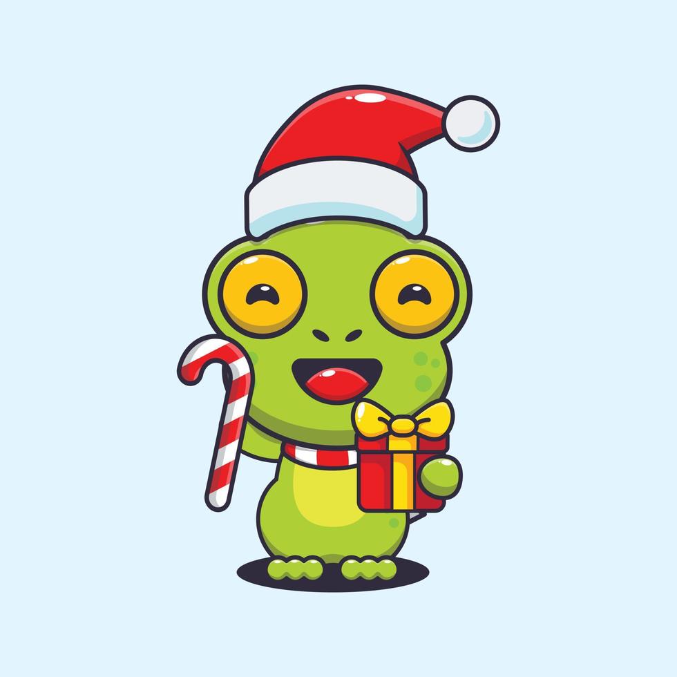 Cute frog holding christmas candy and gift. Cute christmas cartoon illustration. vector